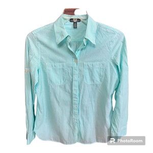 Ralph Lauren’s sz Small ladies button down blouse. Striped Teal / white. Pockets